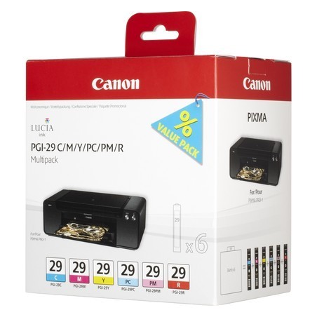 Pack de 6 cartouches couleur  Canon PGI-29 pour Pro1 (cyan, magenta, jaune, photo cyan, photo cyan et rouge), Toner Express : ac