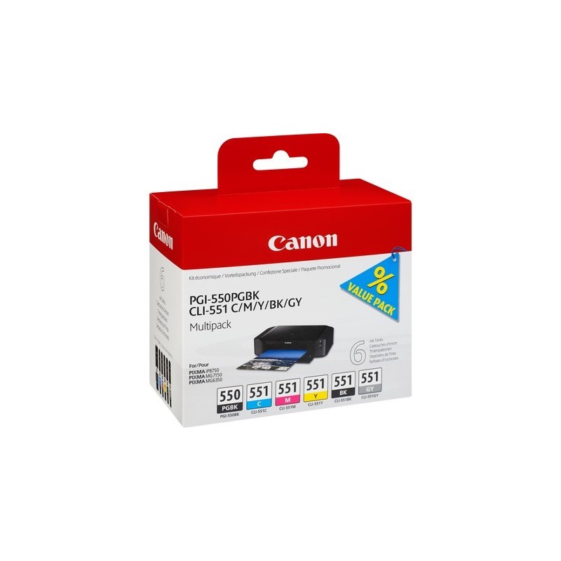 6* Cartouche jet d'encre Canon PGI-550 / CLI-551 (Cyan, Magenta, Jaune, Noir, Gris, Noir) pour Pixma MG7150....., Toner Express 