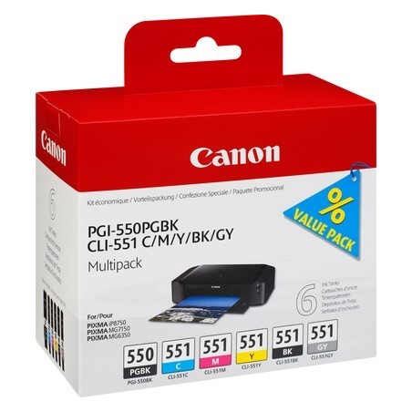 6* Cartouche jet d'encre Canon PGI-550 / CLI-551 (Cyan, Magenta, Jaune, Noir, Gris, Noir) pour Pixma MG7150....., Toner Express 