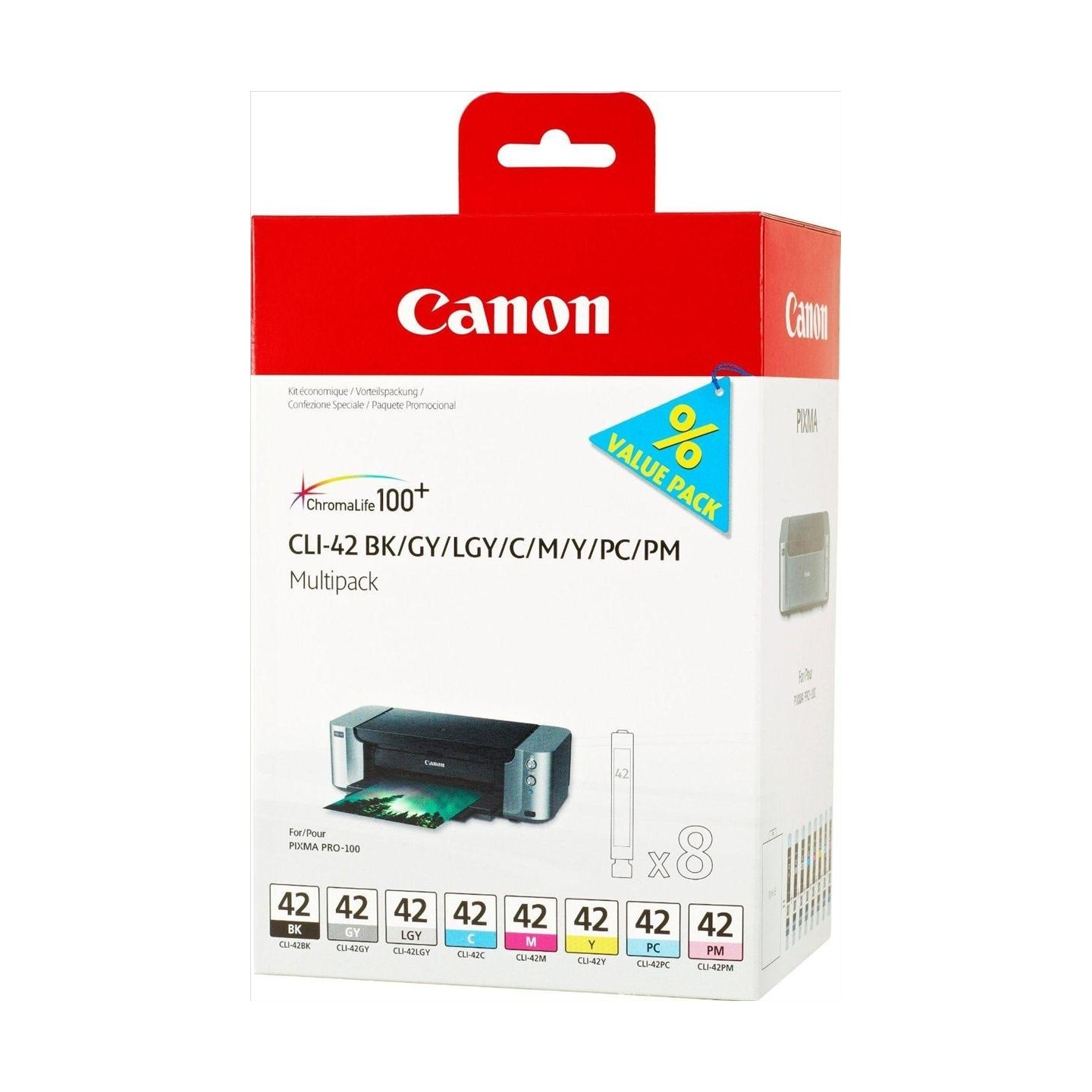 Multipack de 8 cartouches d'encre Canon CLI-42 BK/GY/LGY/C/M/Y/PC/PM
