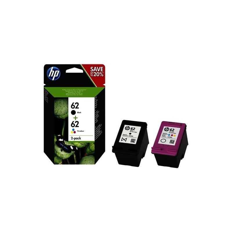 N9J71AE - HP 62 pack de 2 cartouches authentiques d'encre noire / trois couleurs