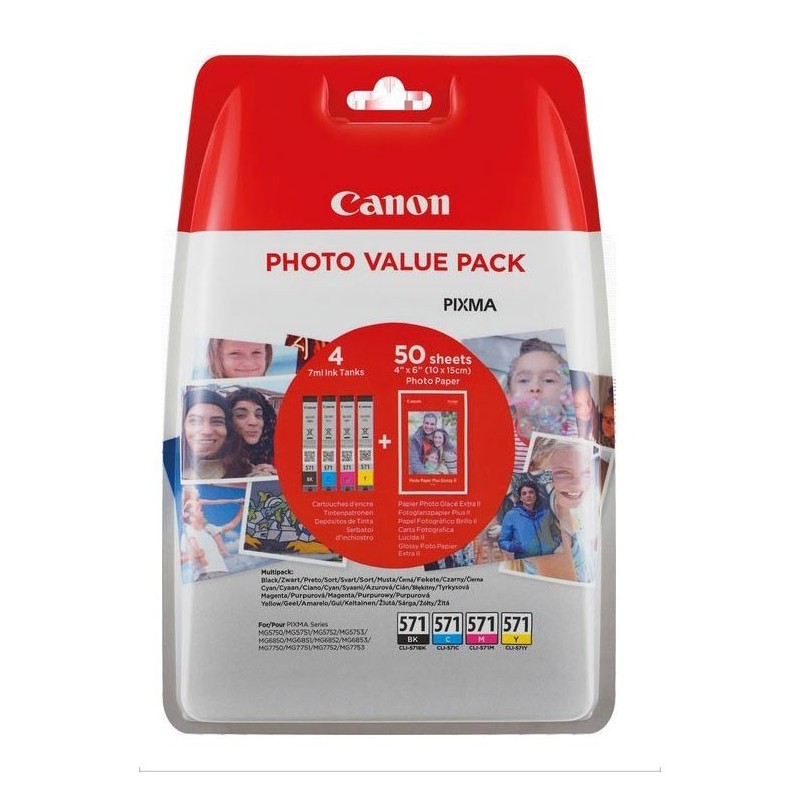 Multipack 4 Encre (CLI-571) + papier PP201 pour Canon Pixma MG 5750 / MG 7750...