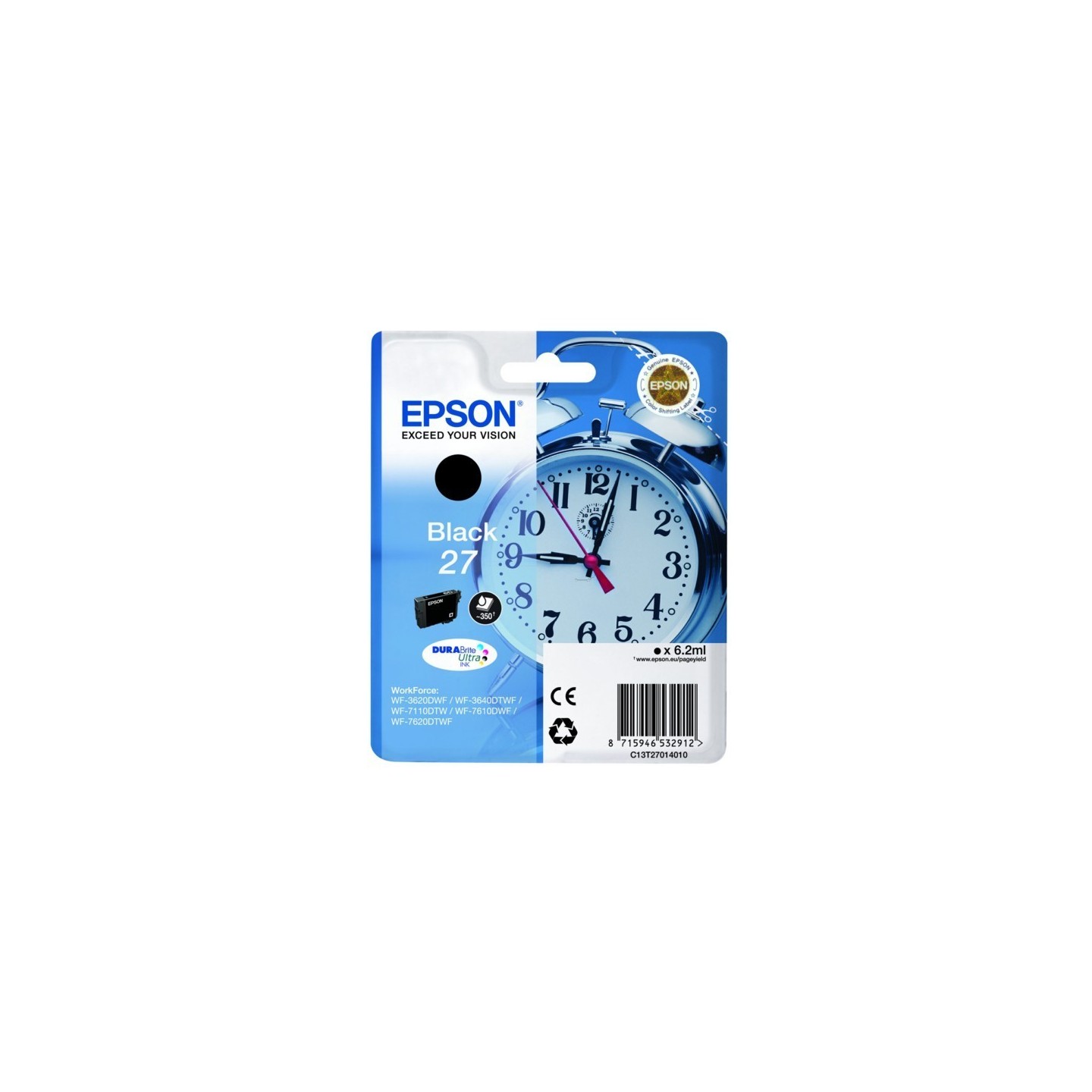 C13T27014010 : Cartouche d'encre noire Epson pour WorkForce 3620/ 3640/7620DTWF .. (n°27) (réveil) (C13T27014012)