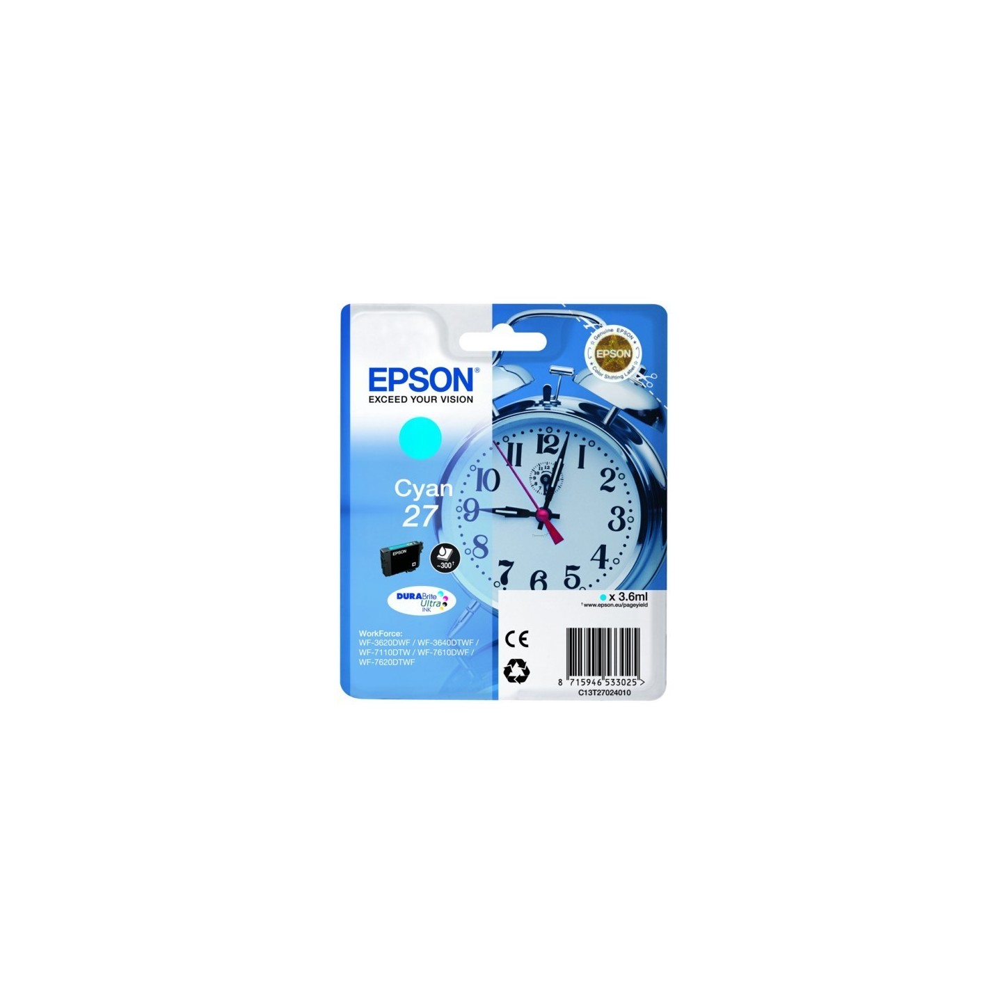 Cartouche d'encre cyan Epson pour WorkForce 3620/ 3640/7620DTWF .. (n°27) (réveil), Toner Express : achat en ligne de Cartouche 