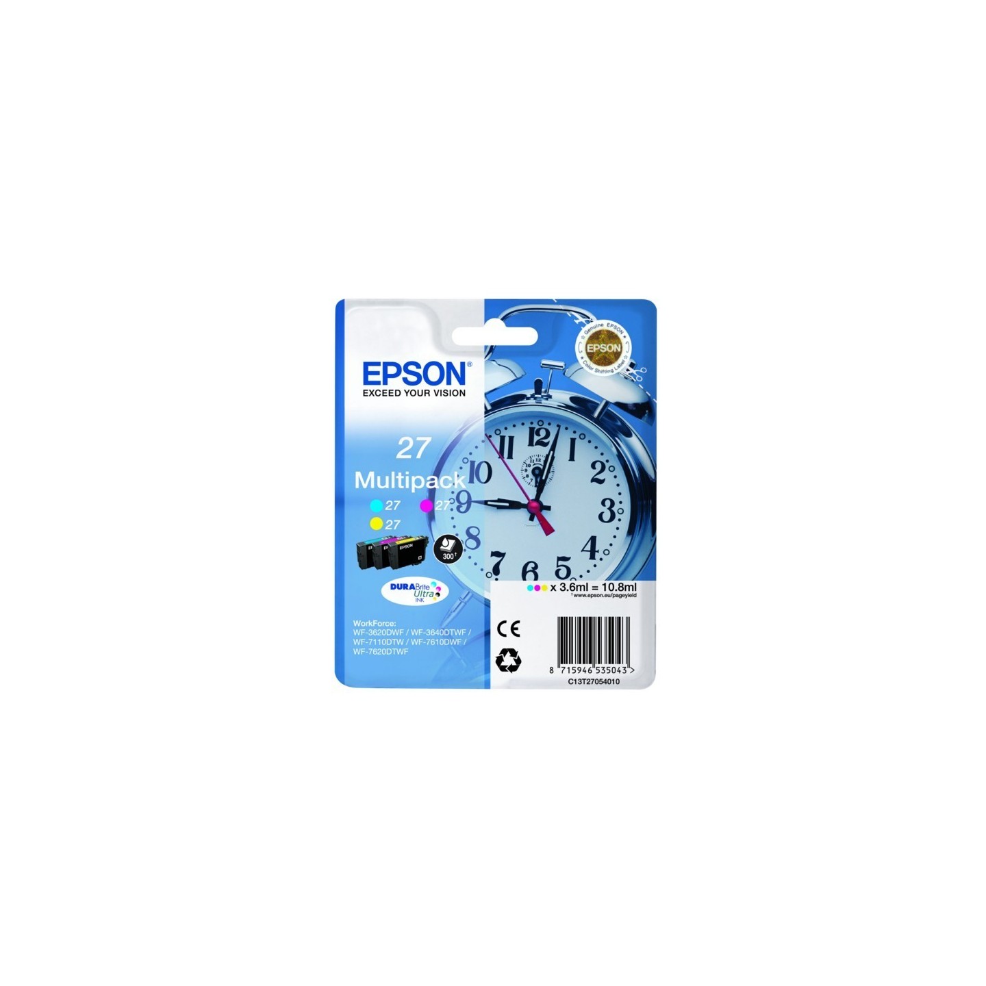Multipack 3 couleurs (cyan, magenta, jaune) Epson pour WorkForce 3620/ 3640/7620DTWF .. (n°27) (réveil), Toner Express : achat e