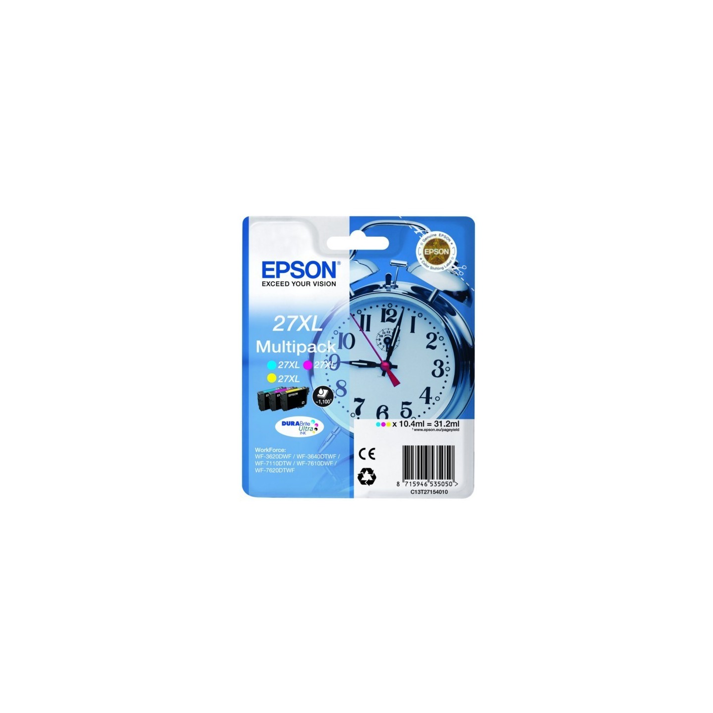 Multipack 3 couleurs XL (cyan, magenta, jaune) Epson pour WorkForce WorkForce 3620/ 3640/7620DTWF ..  (n°27XL) (réveil), Toner E