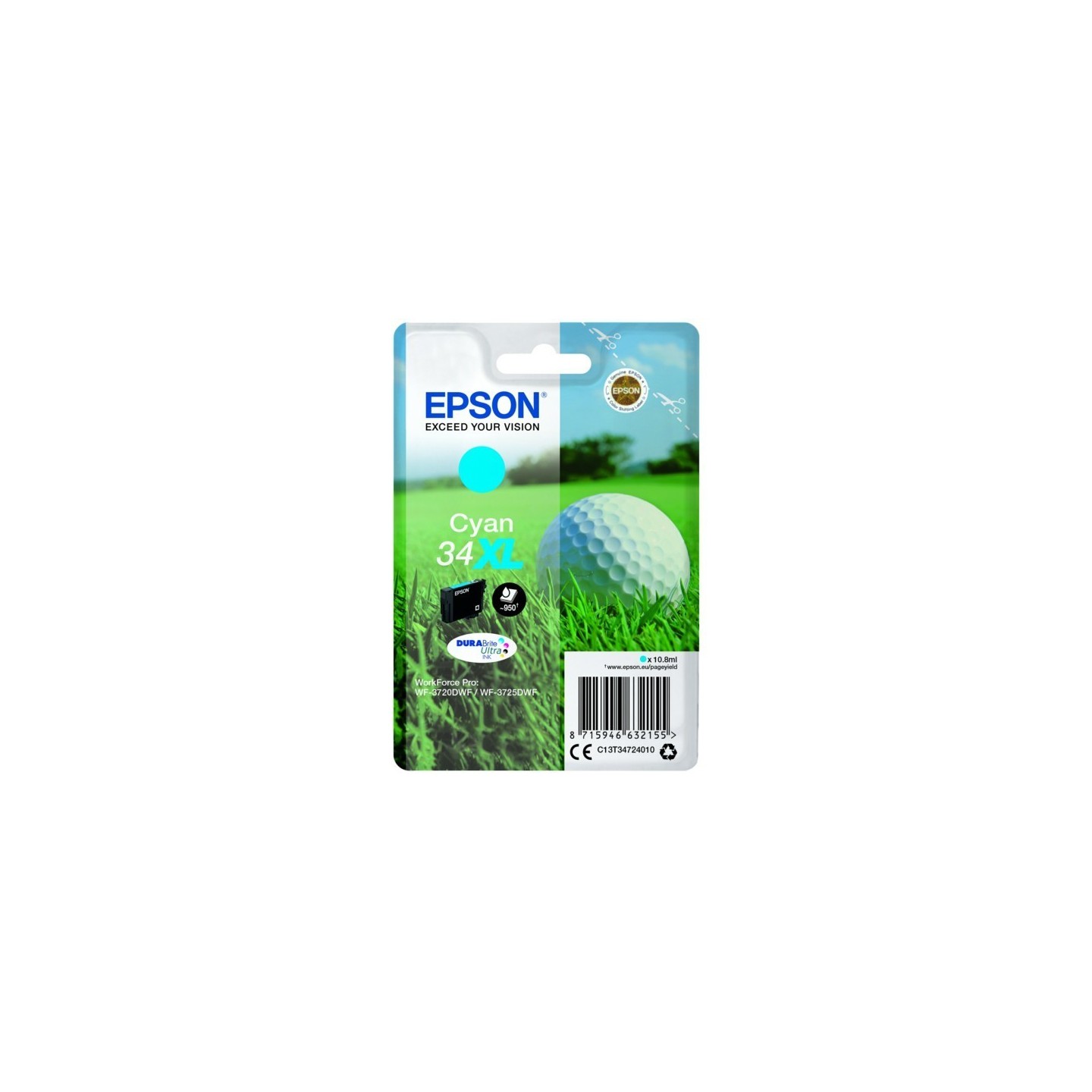Cartouche d'encre Cyan Haute Capacité Epson pour WorkForce 3720DWF/3725DWF .. (n°34XL) (balle de golf)