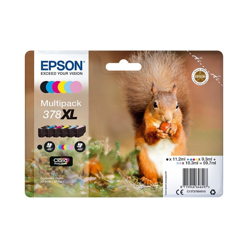 Pack 6 Cartouches XL Epson pour Expression Premium XP8500- XP8505 ... - (n°378XL - Ecureuil) 