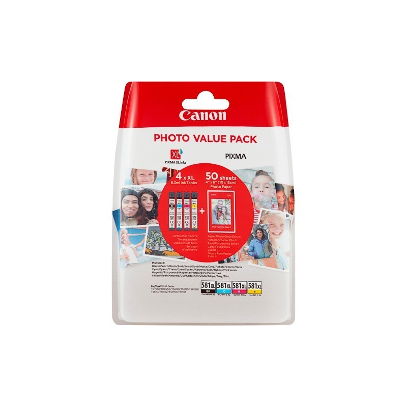 Multipack 4 x CLI-581XL Haute capacité + papier photo Canon pour Gamme PIXMA TS8150 ...