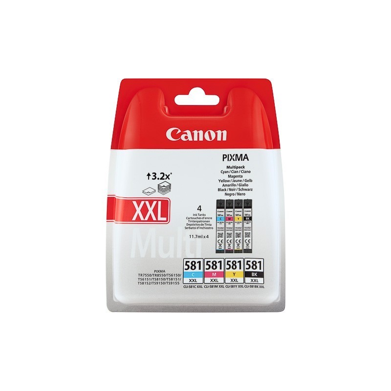 Multipack 4 encres très haute capacité (BK, C, M, Y) Canon CLI-581 XXL pour Gamme PIXMA TS8150 ...