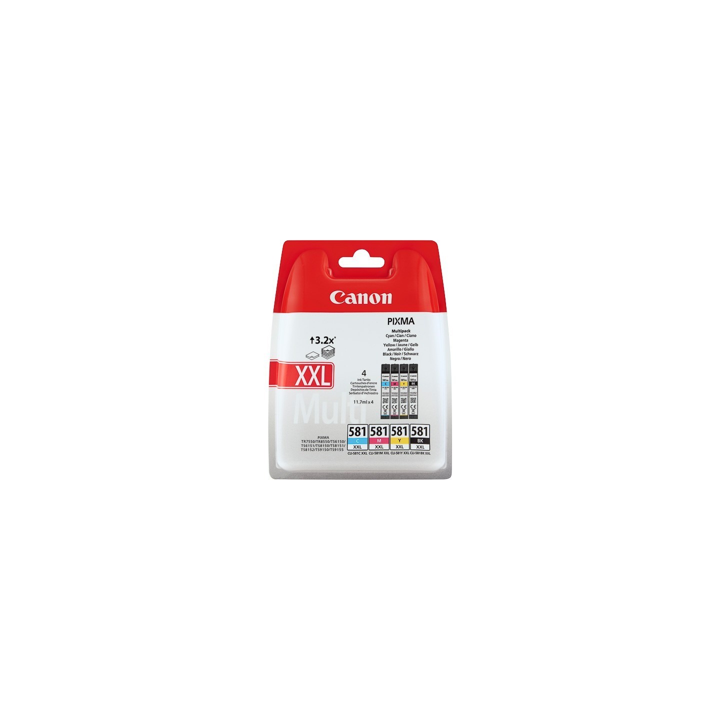 Multipack 4 encres très haute capacité (BK, C, M, Y) Canon CLI-581 XXL pour Gamme PIXMA TS8150 ...