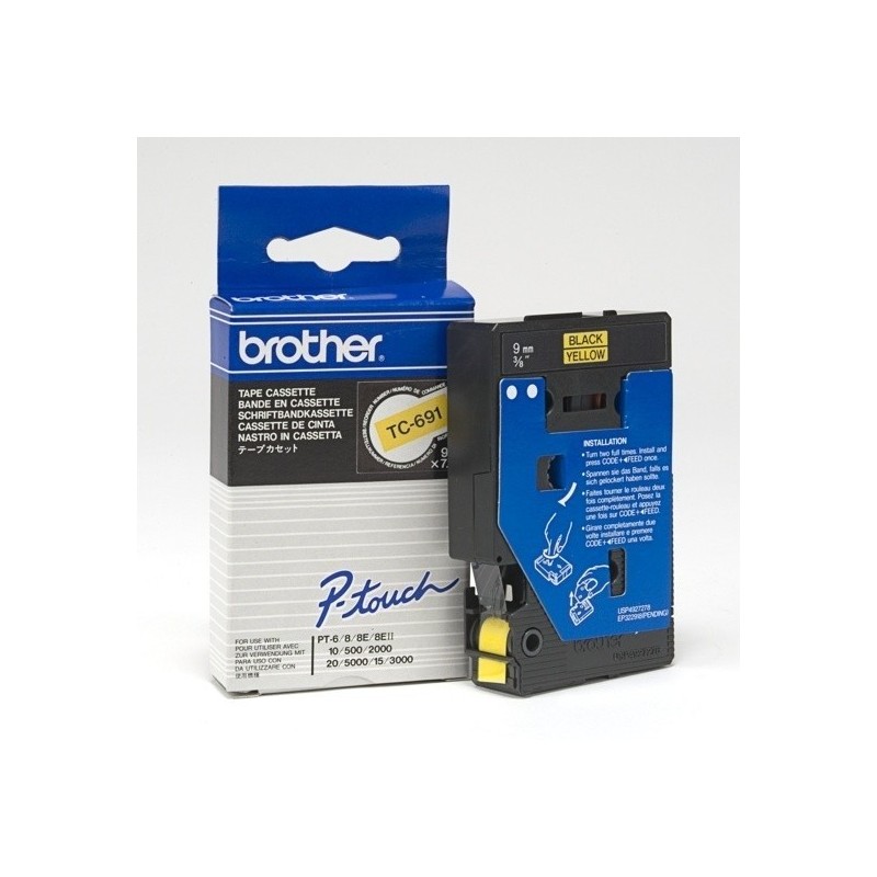 TC-691 Ruban thermique en cassette 9mm Brother TC691 noir sur jaune, Toner Express : achat en ligne de Ruban Brother 