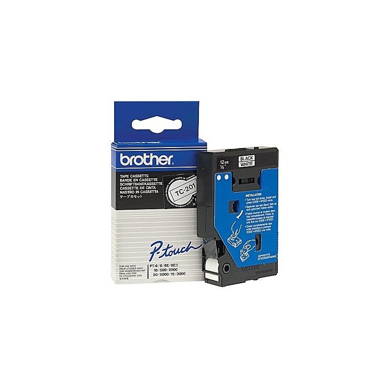 TC201 Ruban thermique en cassette 12mm Brother TC-201 12mm noir sur blanc, Toner Express : achat en ligne