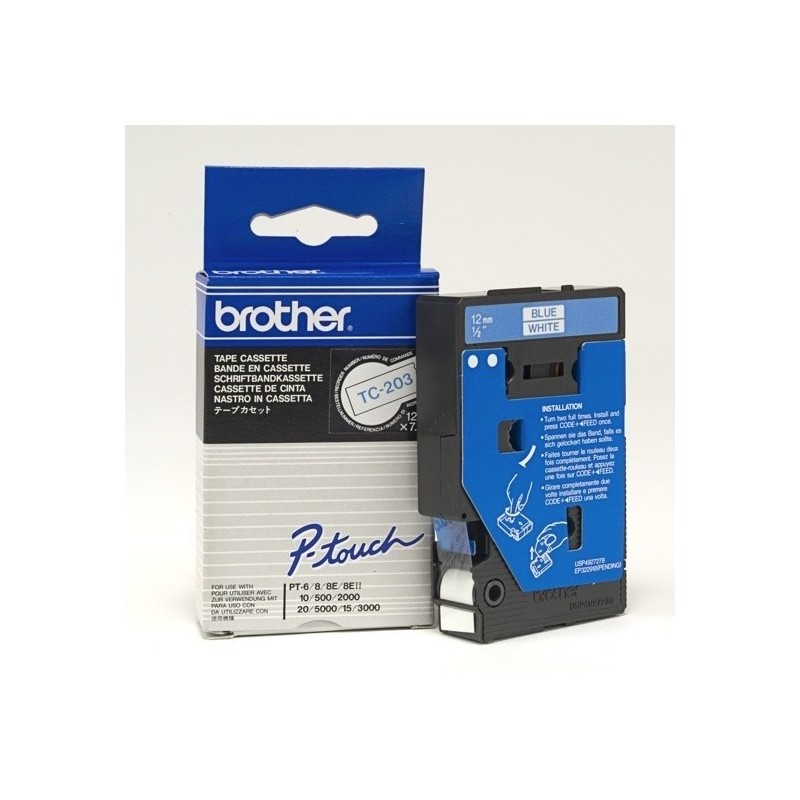 TC203 Ruban thermique en cassette 12mm Brother TC-203 Bleu sur Blanc, Toner Express : achat en ligne 