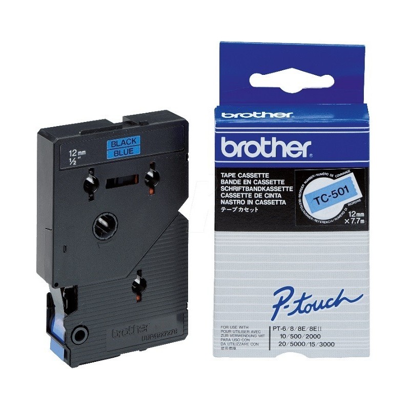 TC501 Ruban thermique en cassette 12mm BrotherTC-501 Noir sur Bleu, Toner Express : achat en ligne 