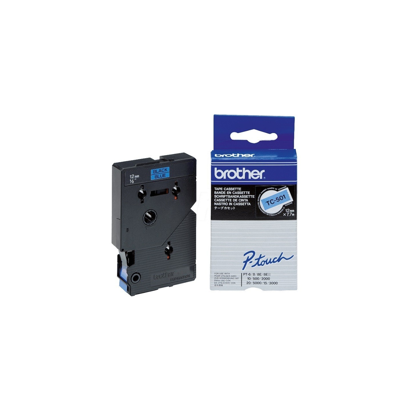 TC501 Ruban thermique en cassette 12mm BrotherTC-501 Noir sur Bleu, Toner Express : achat en ligne 