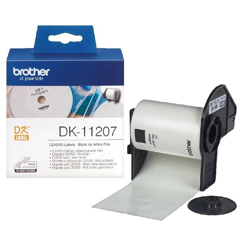 Rouleau d'étiquettes pour CD/DVD DK-11207 Brother original – Noir sur blanc, 58 mm de diamètre pour QL500
