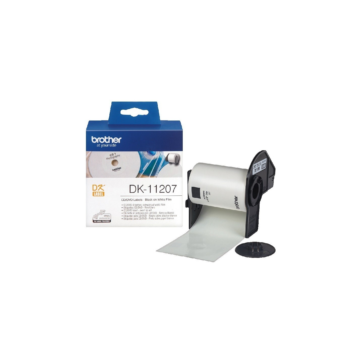 Rouleau d'étiquettes pour CD/DVD DK-11207 Brother original – Noir sur blanc, 58 mm de diamètre pour QL500