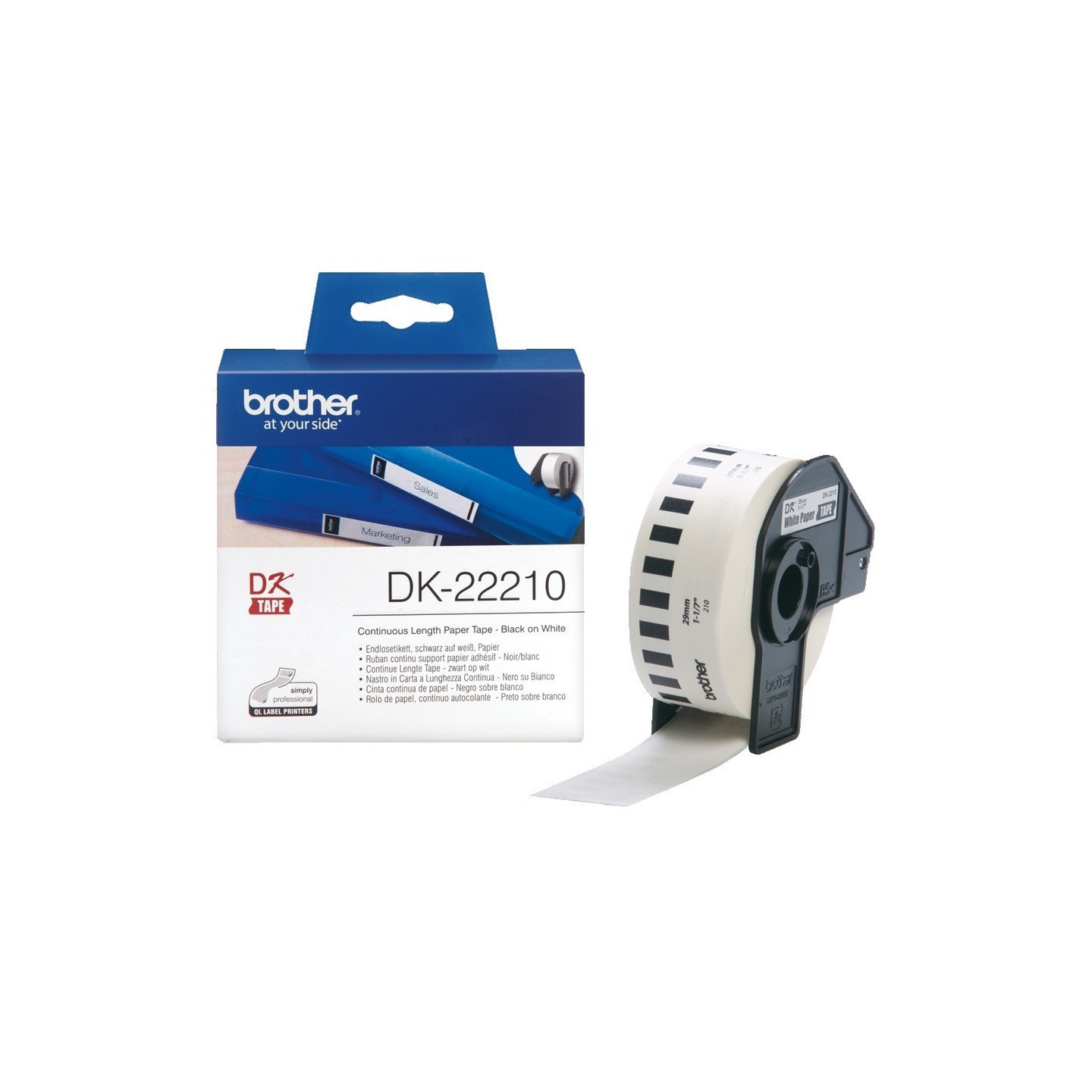 DK22210 Rouleau de papier continu DK-22210 Brother original – Noir sur blanc, 29 mm de large pour QL500..., Toner Express