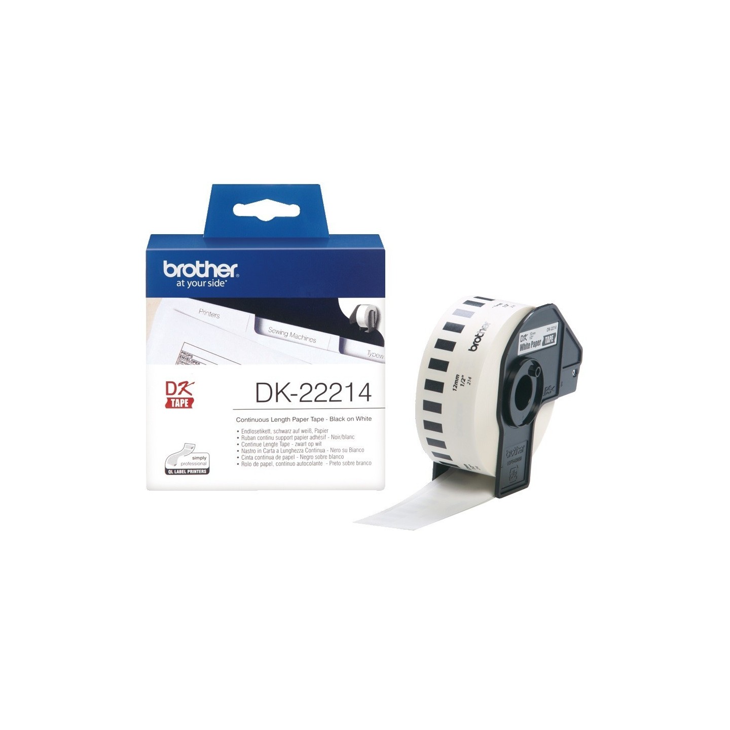 DK22214 Rouleau de papier continu DK-22214 Brother original – Noir sur blanc, 12 mm de large pour QL500..., Toner Express