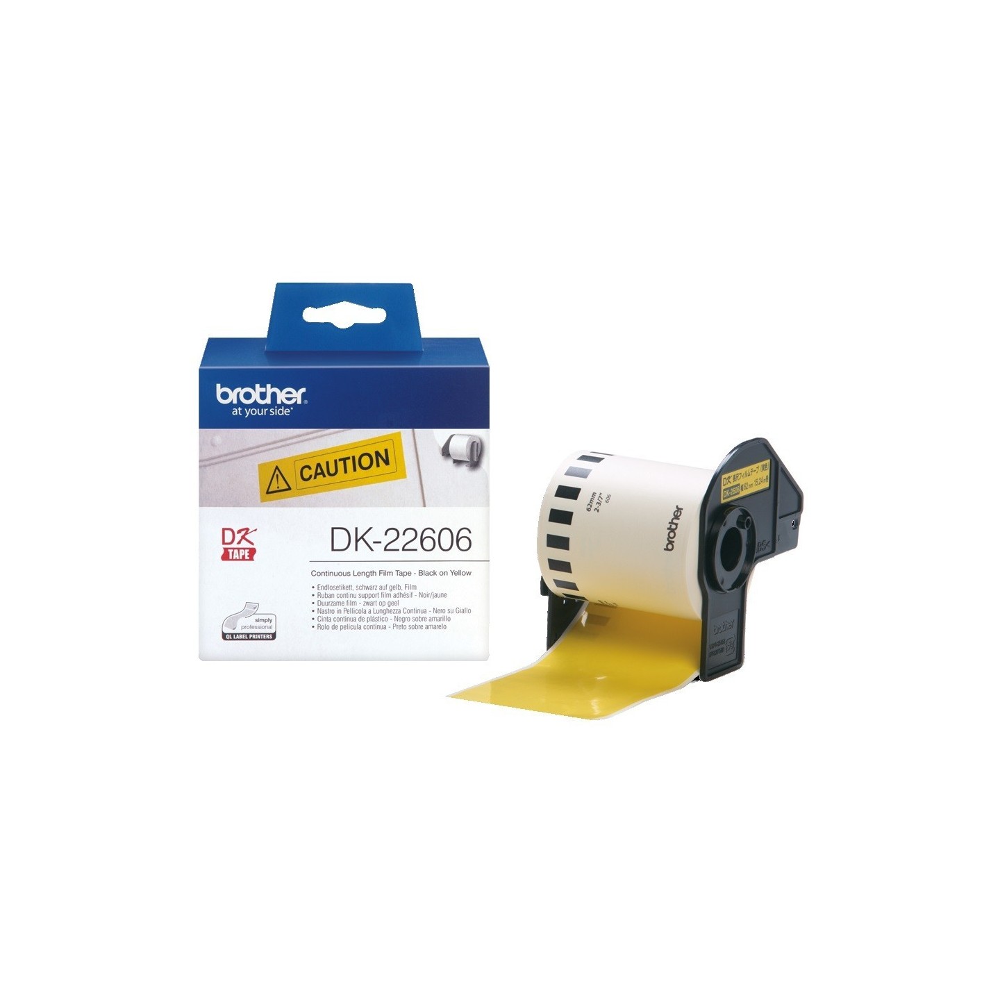 Ruban film continu DK-22606 Brother original – Noir sur jaune, 62 mm de large pour QL500