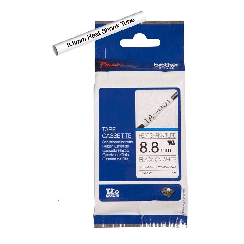 Cartouche à ruban pour gaine thermorétractable Brother HSe-221 – Noir sur blanc, 8,8 mm 