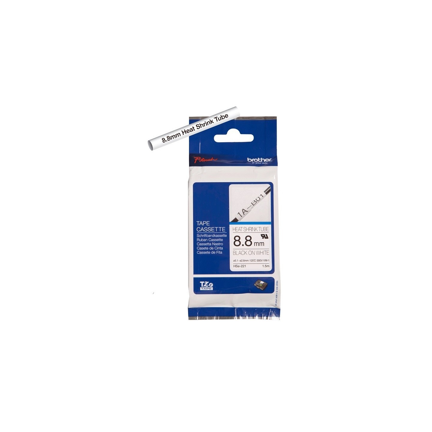 Cartouche à ruban pour gaine thermorétractable Brother HSe-221 – Noir sur blanc, 8,8 mm 