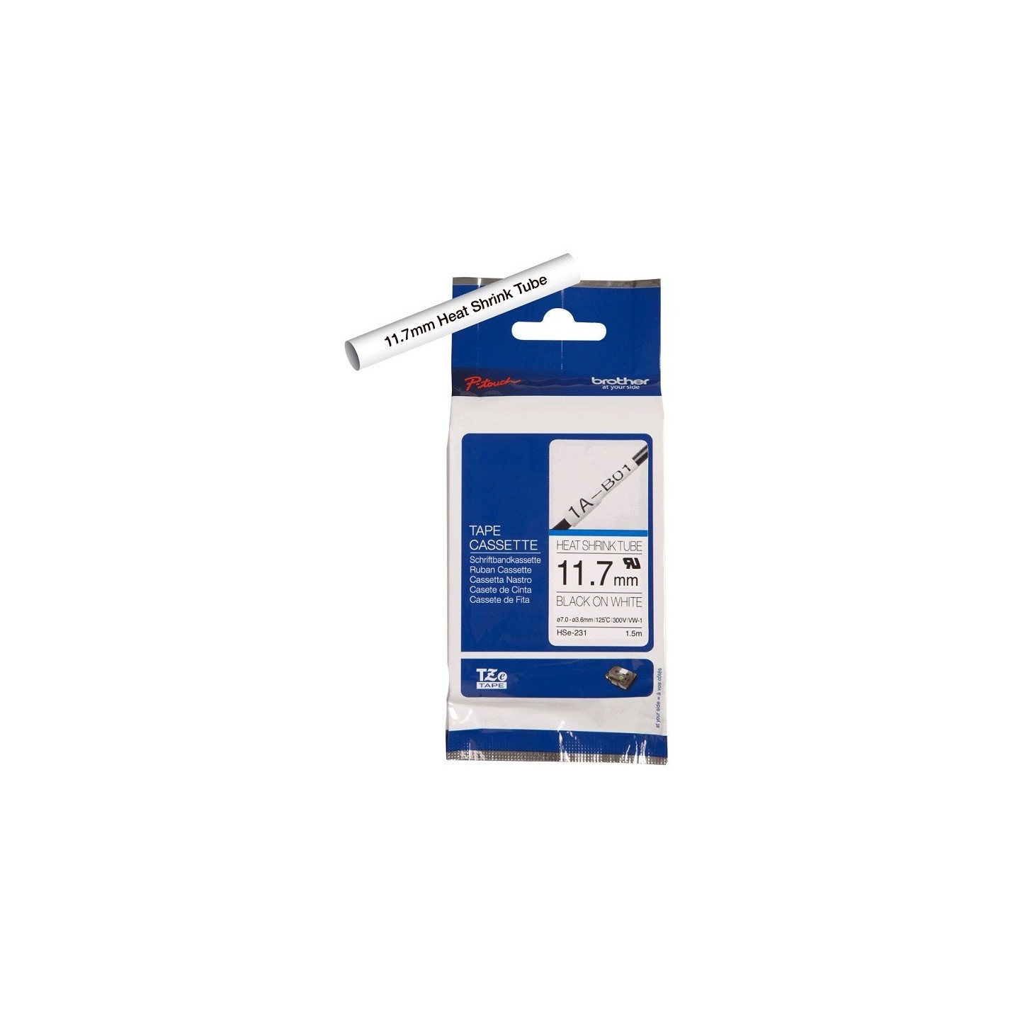 Cartouche à ruban pour gaine thermorétractable Brother HSe-231 – Noir sur blanc, 11,7 mm 
