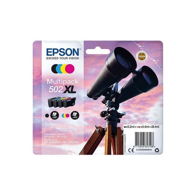 Multipack 4 encres CMYK haute capacité Epson pour WorkForce WF-2860dwf ... (n°502XL)