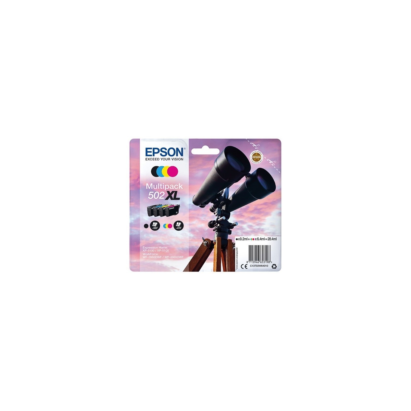 Multipack 4 encres CMYK haute capacité Epson pour WorkForce WF-2860dwf ... (n°502XL)