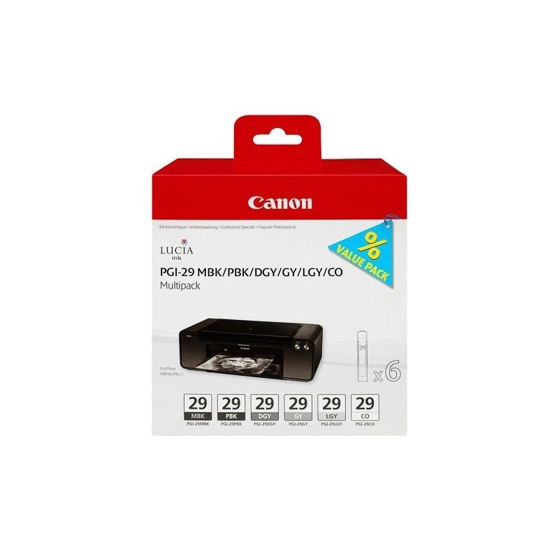 Pack de 6 cartouches  Canon PGI-29 pour Pro1 (noir mat, noir photo, gris foncé, gris clair, gris et chroma optimizer), Toner Exp
