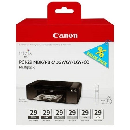 Pack de 6 cartouches  Canon PGI-29 pour Pro1 (noir mat, noir photo, gris foncé, gris clair, gris et chroma optimizer), Toner Exp