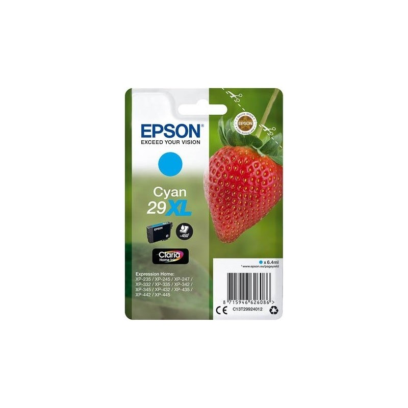 Cartouche Cyan Epson Haute Capacité pour Expression Home XP-235 / XP332 / XP-432 ... (n°29XL - fraise), Toner Express : achat en