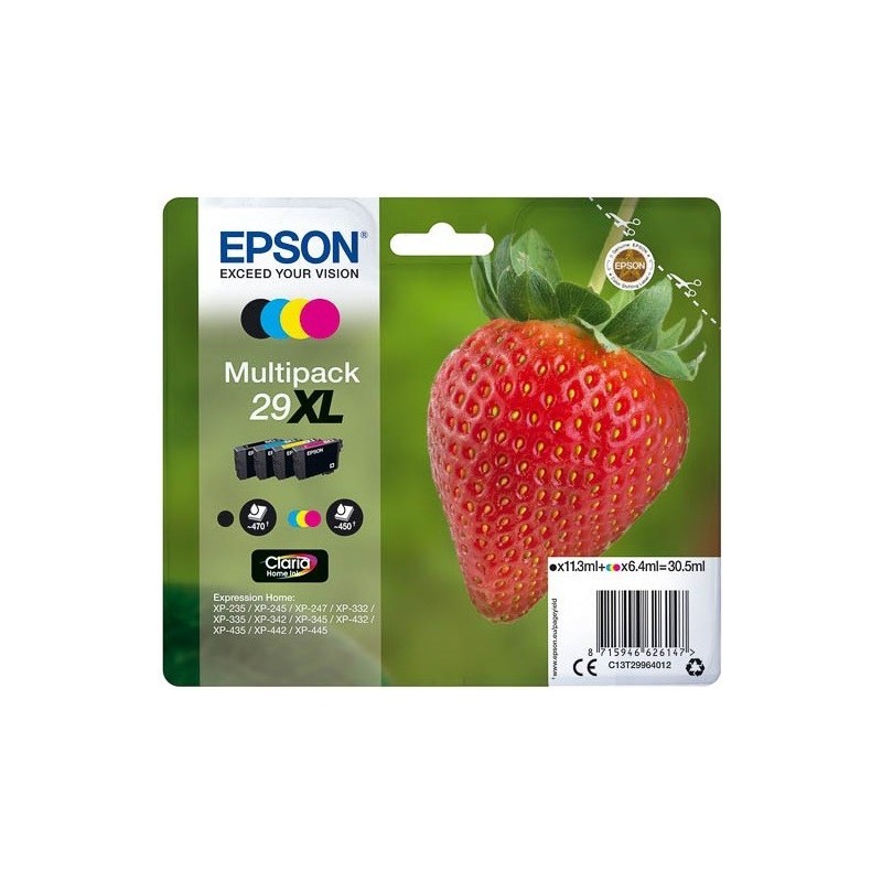 Multipack 4 couleurs Epson Haute Capacité pour Expression Home XP-235 / XP332 / XP-432 ... (n°29XL - fraise), Toner Express : ac