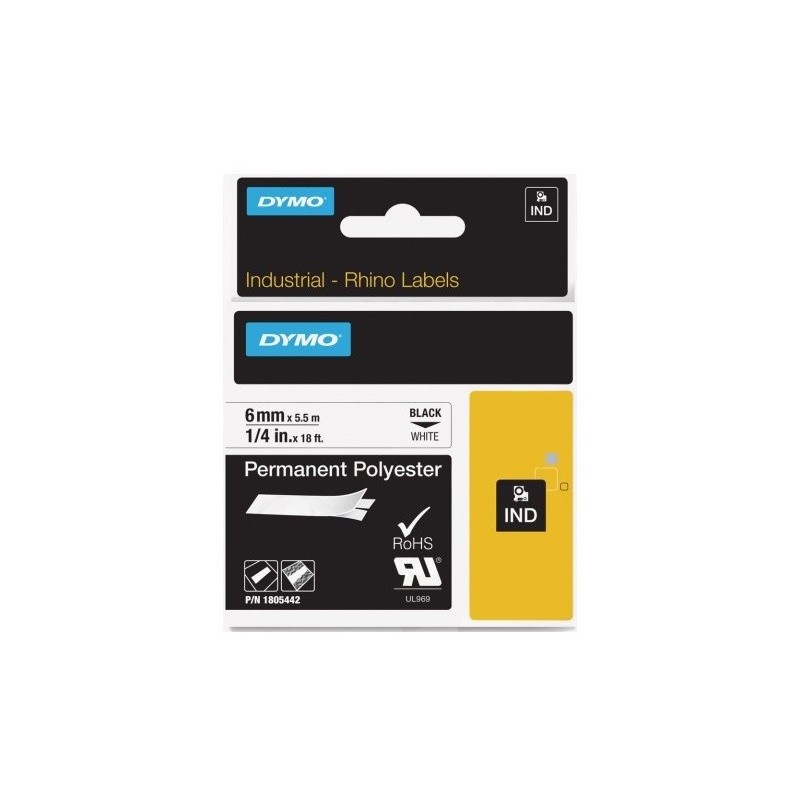 Ruban Polyester permanent Dymo  6mm x 5,5m (Noir/Blanc)