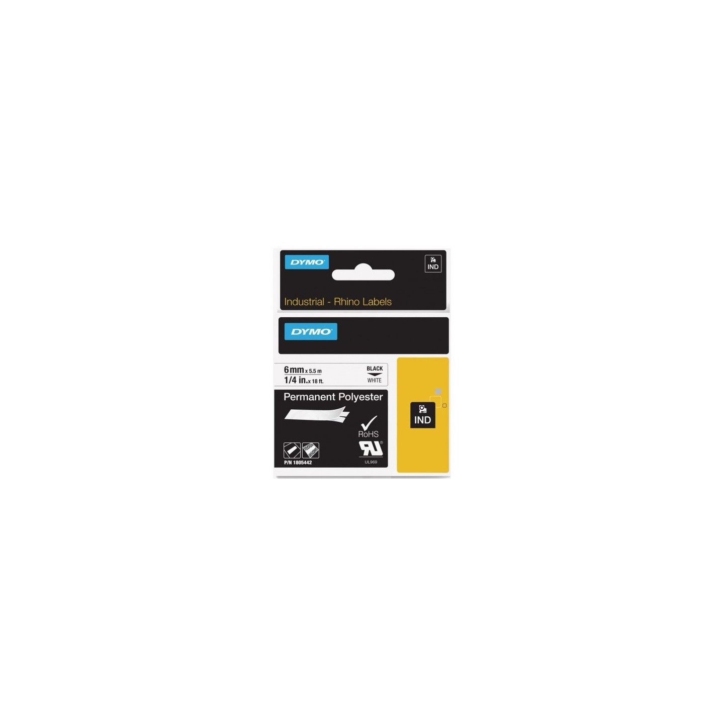 Ruban Polyester permanent Dymo  6mm x 5,5m (Noir/Blanc)