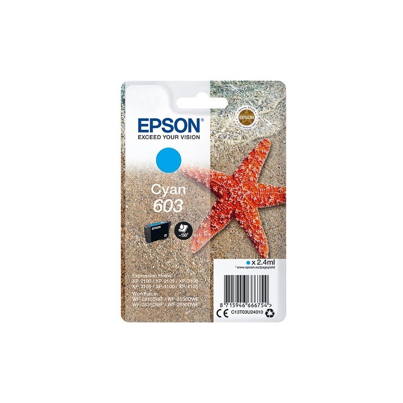 Cartouche d'encre Cyan Epson pour WorkForce WF-2830dwf ... (n°603) - 130 pages.