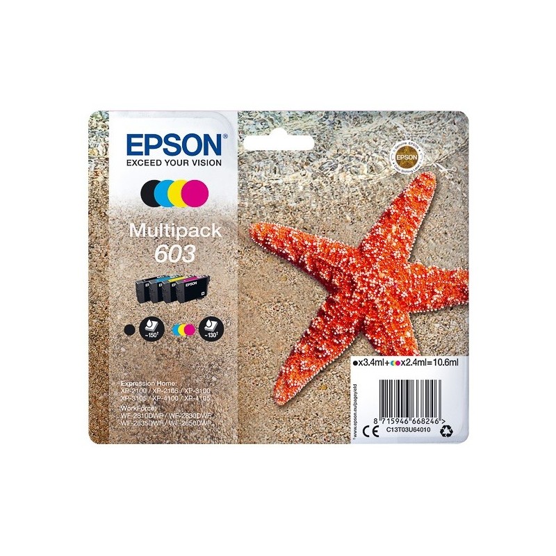 Pack 4 Cartouches d'encre noir + couleur Epson pour WorkForce WF-2830dwf ... (n°603) - 150 + 3 x 130 pages.