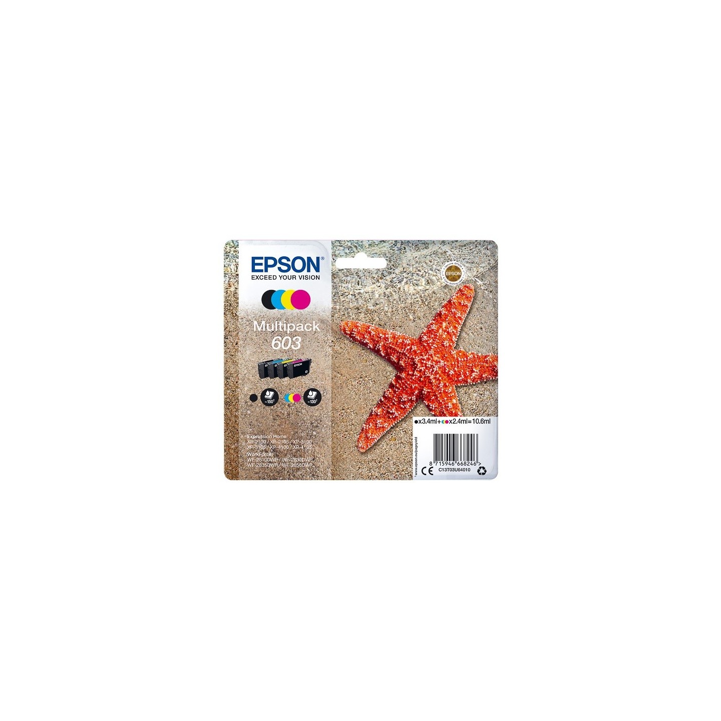 Pack 4 Cartouches d'encre noir + couleur Epson pour WorkForce WF-2830dwf ... (n°603) - 150 + 3 x 130 pages.