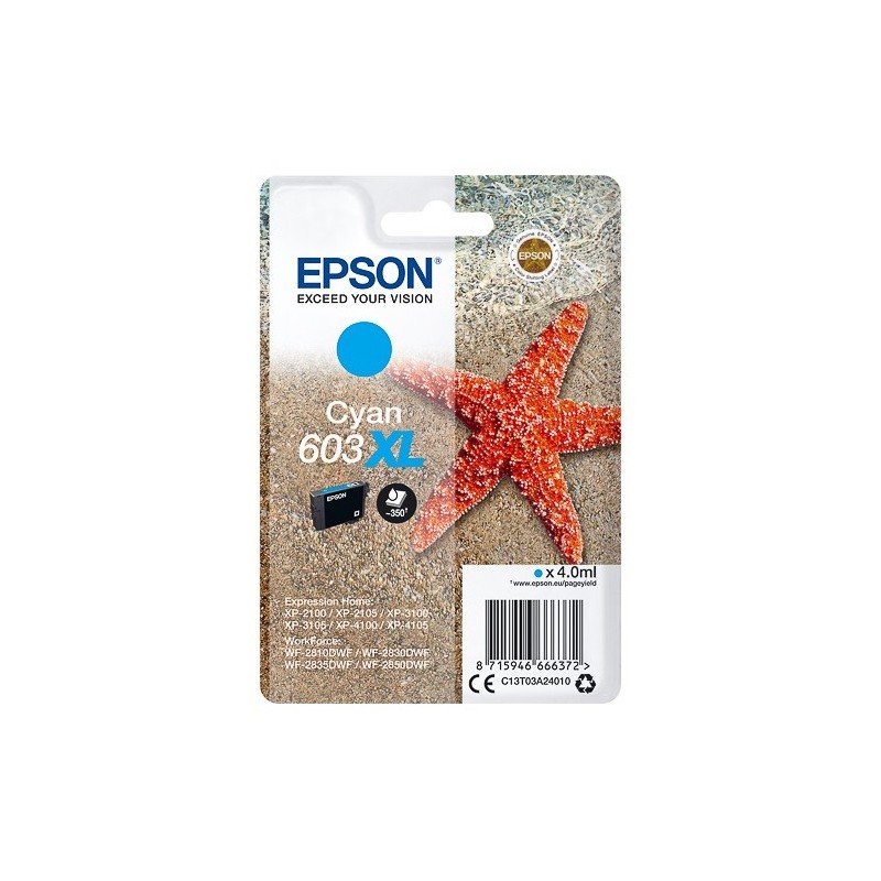 Cartouche d'encre Cyan haute capacité Epson pour WorkForce WF-2830dwf ... (n°603XL) - 350 pages.