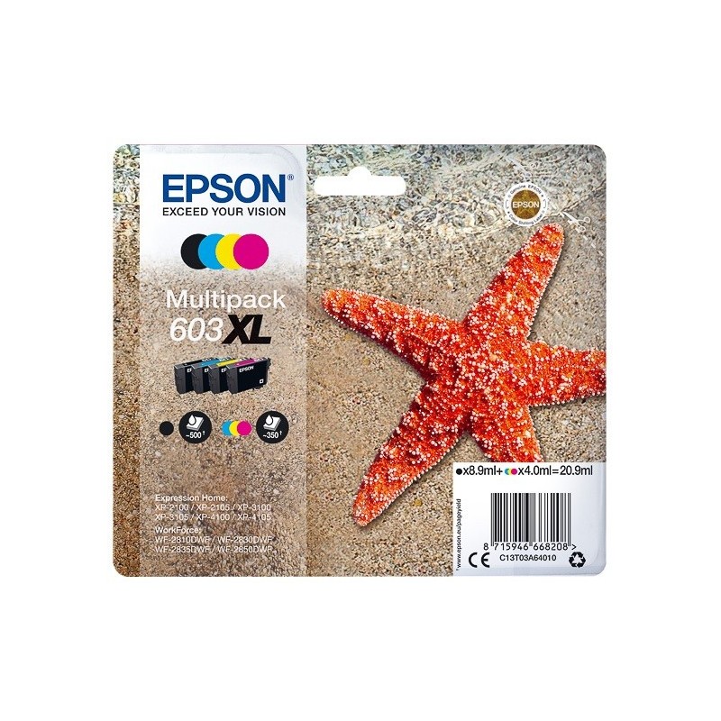 Pack 4 Cartouches d'encre noir et couleur haute capacité Epson pour WorkForce WF-2830dwf ... (n°603XL) 