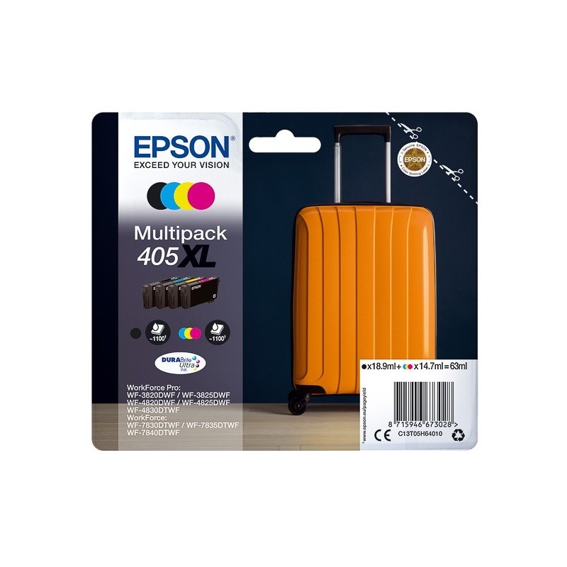 Multipack 4 Cartouches d'encre Haute Capacité Epson pour WorkForce Pro WF-3820dwf, ... (405XL)