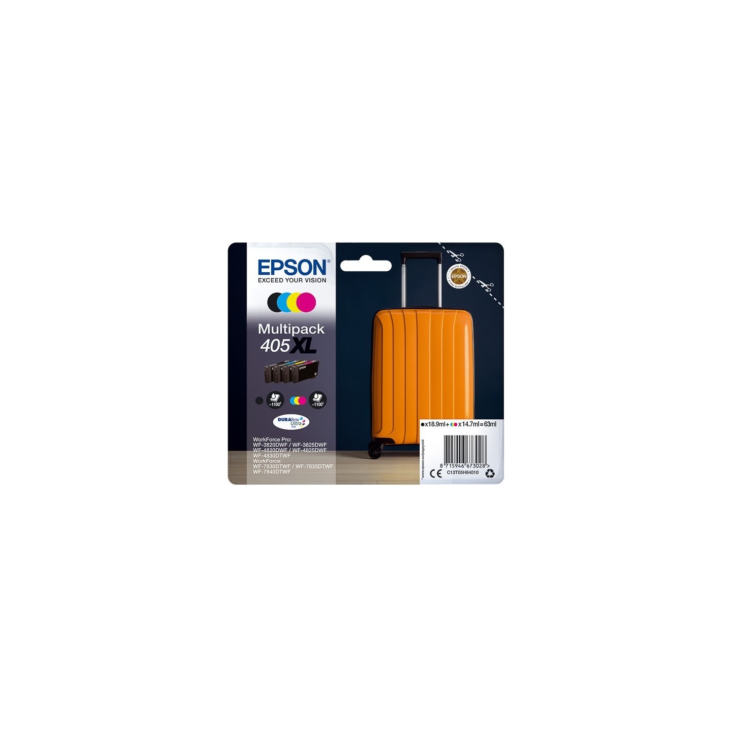Multipack 4 Cartouches d'encre Haute Capacité Epson pour WorkForce Pro WF-3820dwf, ... (405XL)