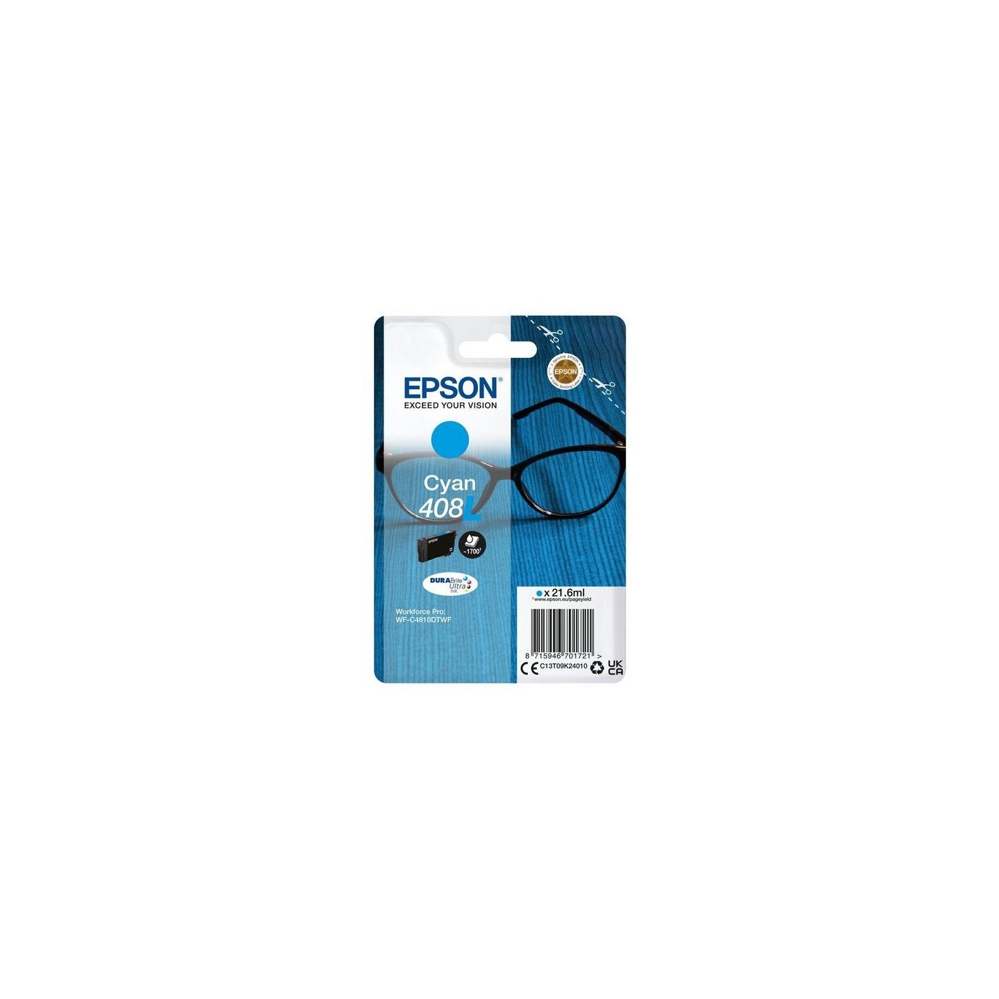 Cartouche d'encre Cyan Haute Capacité Epson pour WorkForce Pro WF-C4810, ... (408L)