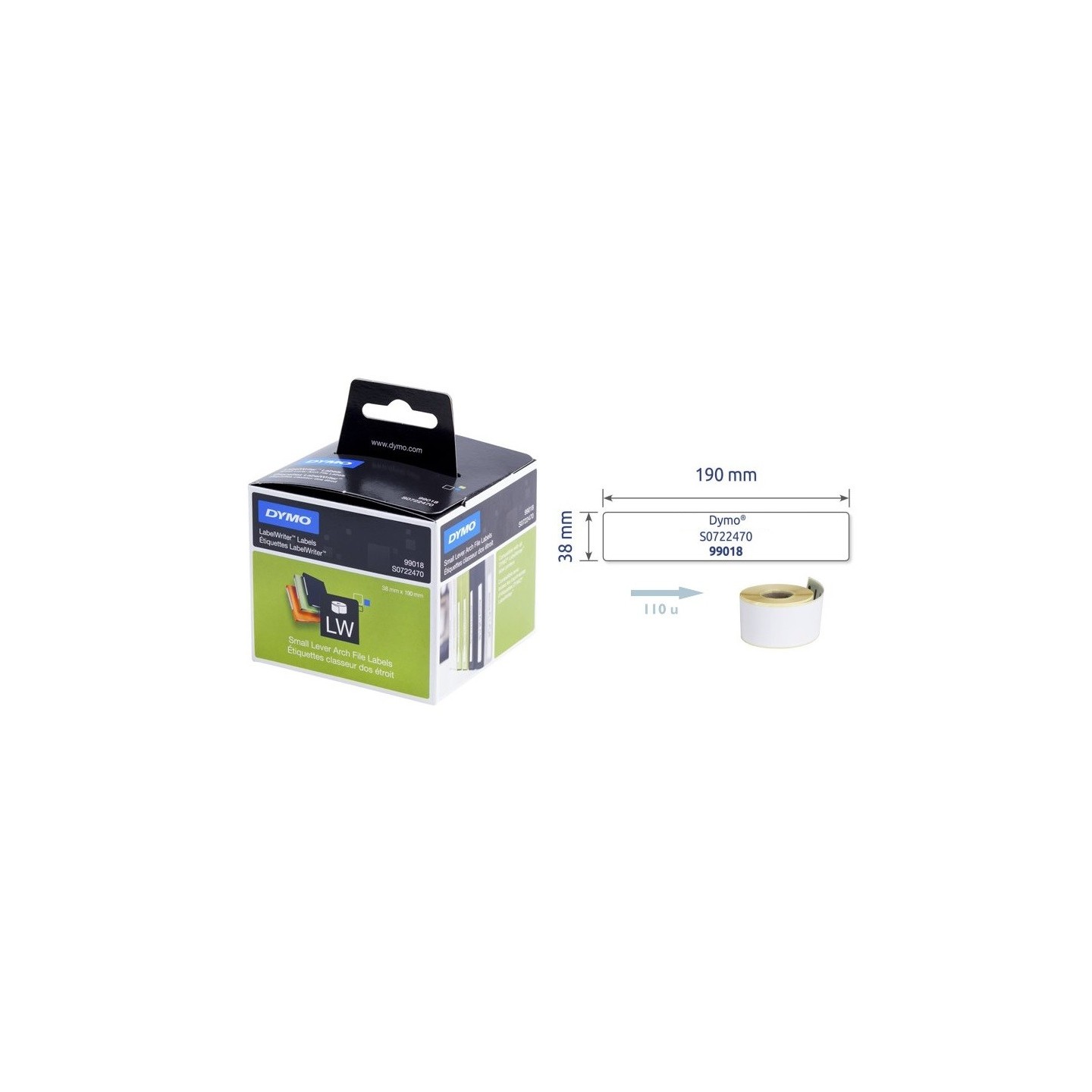 110 Etiquettes pour classeurs LW adhesives Dymo 38mm x 190 mm (99018)