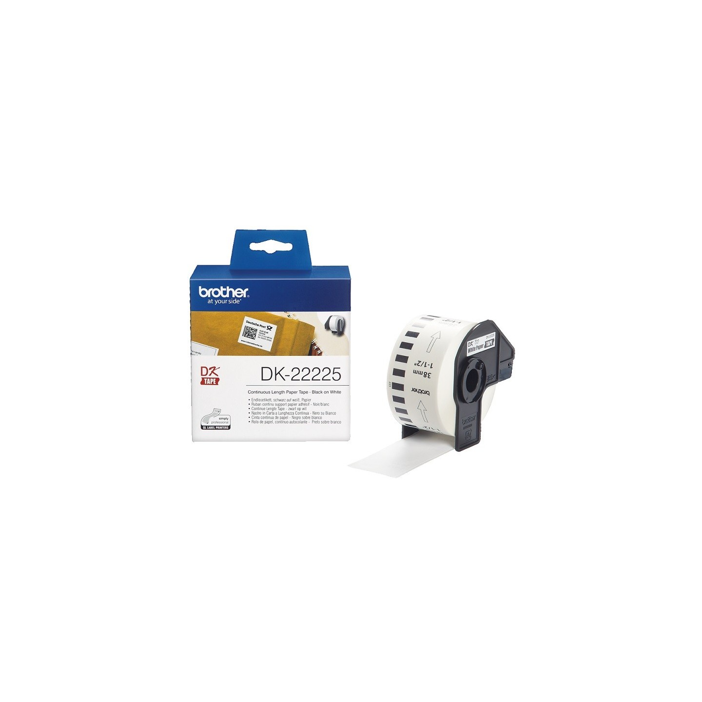 Rouleau de papier continu DK-22225 Brother original – Noir sur blanc, 38 mm de large pour QL500