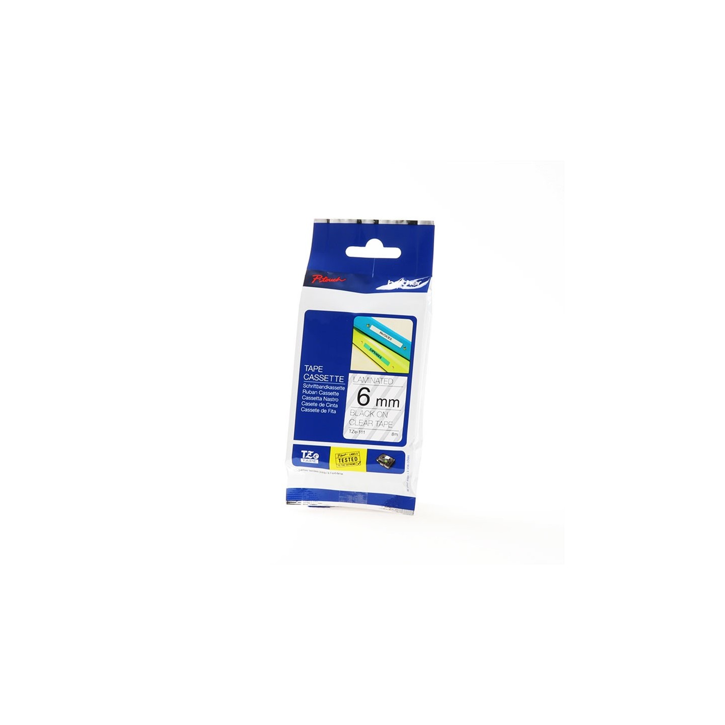Cassette à ruban Brother pour étiqueteuse TZ111 originale – Noir sur transparent, 6 mm de large (TZE111)