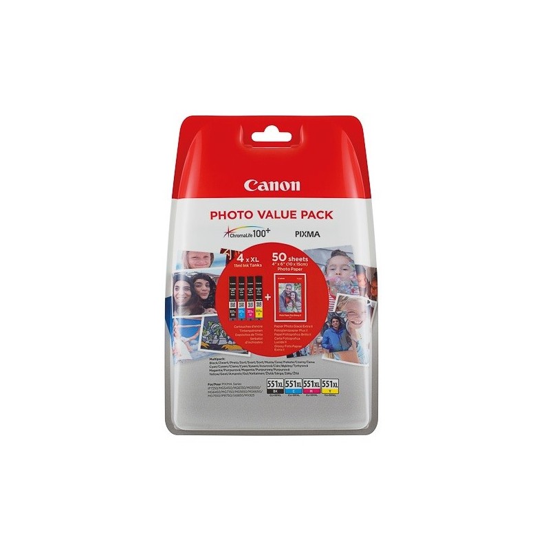 pack 4 Cartouches + papier photo Canon CLI-551XL pour Pixma MG5450 / MG6350...