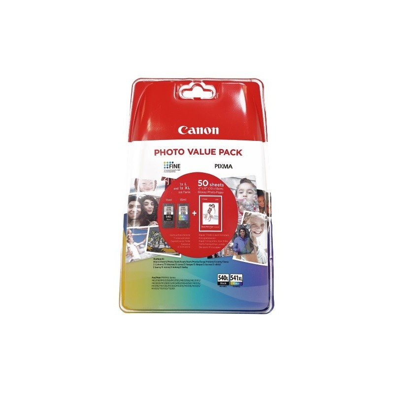 Multipack Canon PG540L + CL541XL + 50 pages papier photo (10x15cm)  Canon pour Pixma MG2150 / MG3150...(PG-540L/CL-541XL)