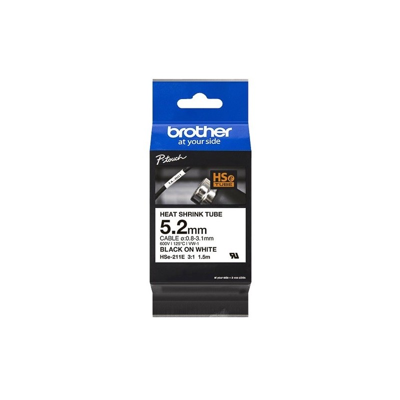 Cartouche ruban pour gaine thermorétractable Brother HSe-211E– Noir sur blanc, 5,2 mm - 1,5m
